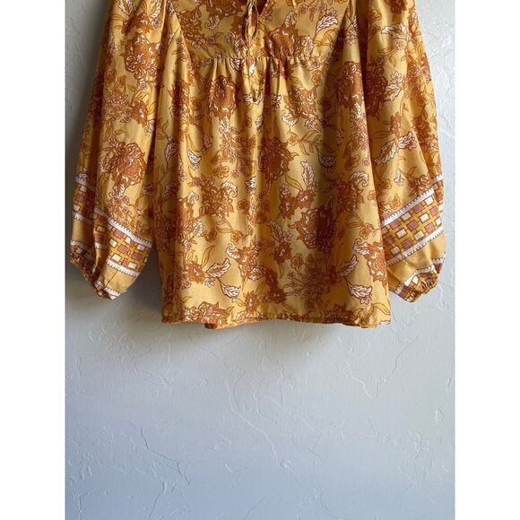 C&C California Mustard Yellow Floral 100% Cotton Peasant Top Tie Neck Size Large - Picture 6 of 12